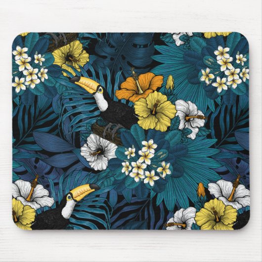 Toucans and tropical flora, blue, yellow, oranje muismat (Voorkant)