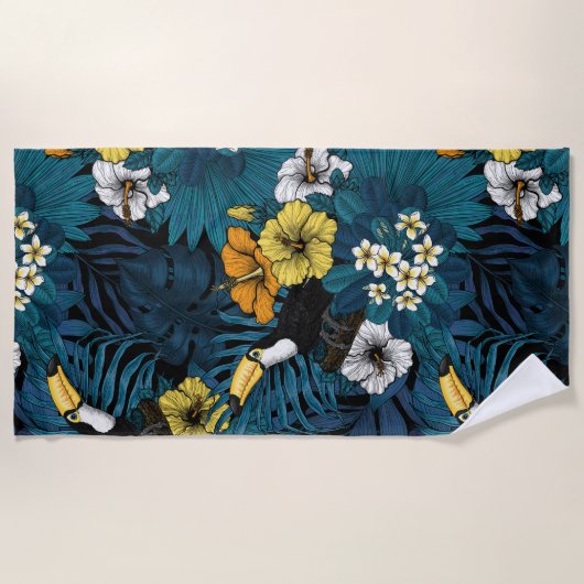 Toucans and tropical flora, blue, yellow, oranje strandlaken (Voorkant)