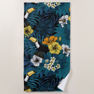 Toucans and tropical flora, blue, yellow, oranje strandlaken