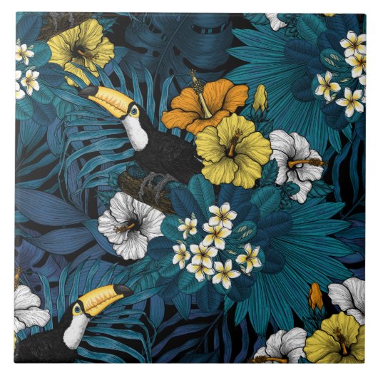 Toucans and tropical flora, blue, yellow, oranje tegeltje (Voorkant)