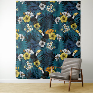 Toucans and tropical flora, blue, yellow, oranje wandkleed