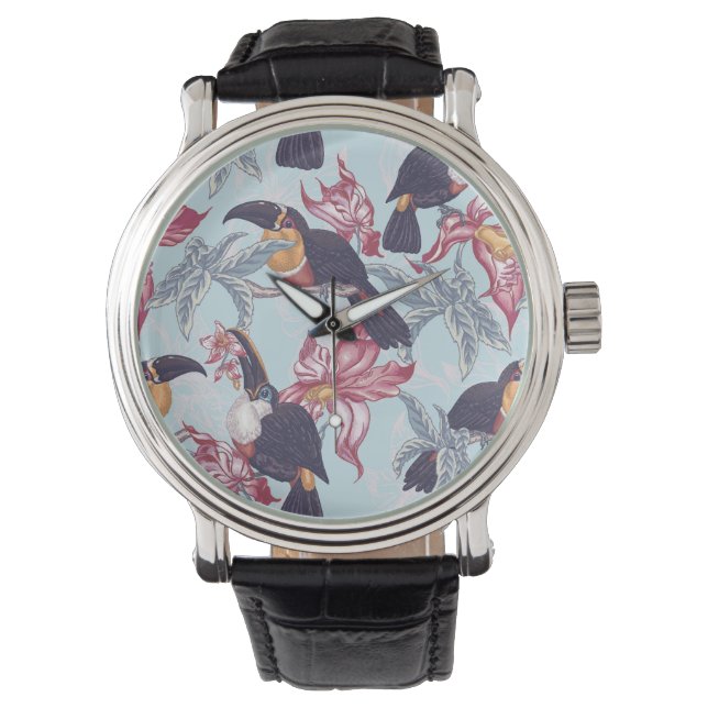 Toucans met exotische bloemen horloge (Voorkant)