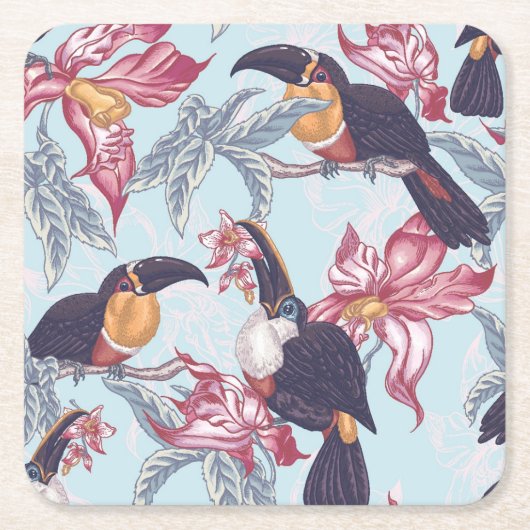 Toucans met exotische bloemen kartonnen onderzetters (Voorkant)