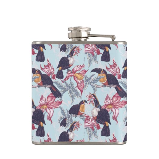 Toucans met exotische bloemen | Monogram Heupfles (Achterkant)