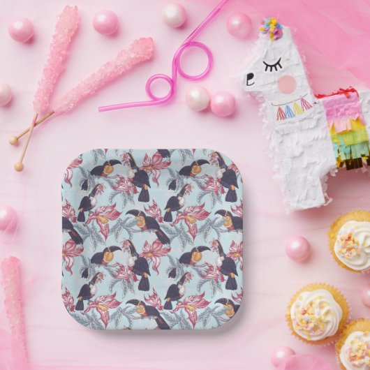 Toucans met exotische bloemen papieren bordje (Feest)