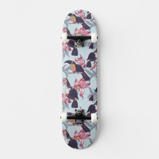 Toucans met exotische bloemen persoonlijk skateboard (Voorkant)