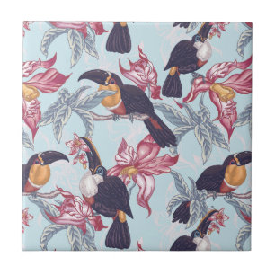 Toucans met exotische bloemen tegeltje