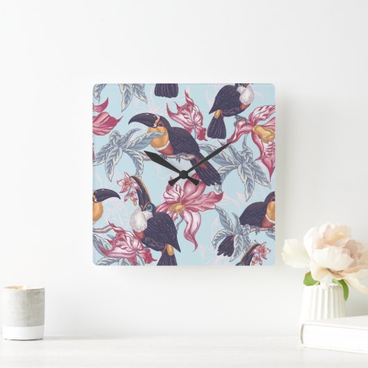Toucans met exotische bloemen vierkante klok (Huis)