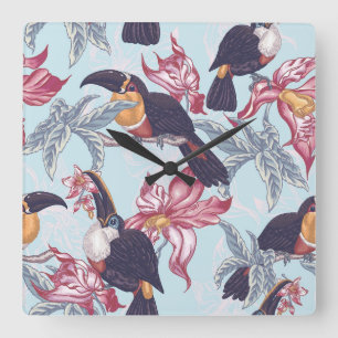 Toucans met exotische bloemen vierkante klok