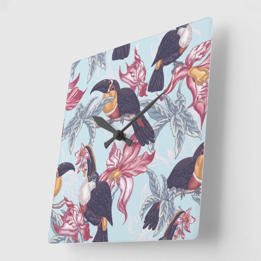 Toucans met exotische bloemen vierkante klok (Hoek)
