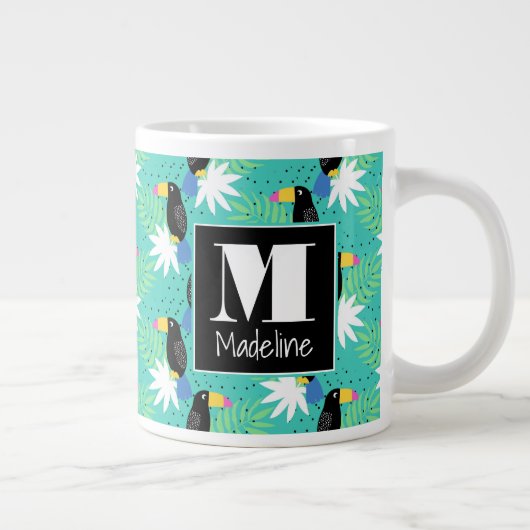 Toucans op Blauwgroen | Monogram Grote Koffiekop (Rechts)