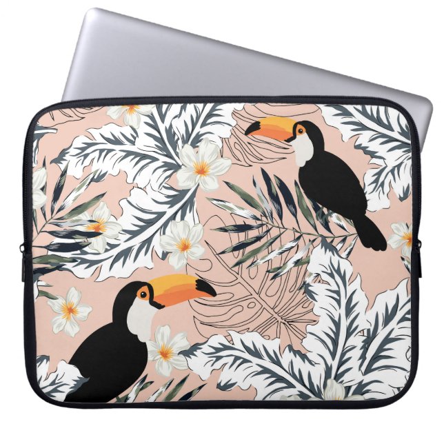 Toucans, palmen, Plumeria: roze tropisch. Laptop Sleeve (Voorkant)