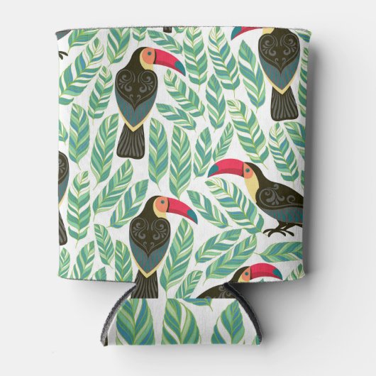 Toucans, tropische bladeren, decoratief patroon. blikjeskoeler (Voorkant)