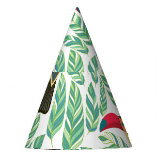 Toucans, tropische bladeren, decoratief patroon. feesthoedjes