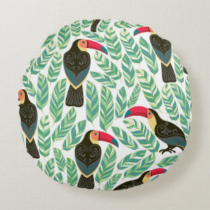 Toucans, tropische bladeren, decoratief patroon. rond kussen