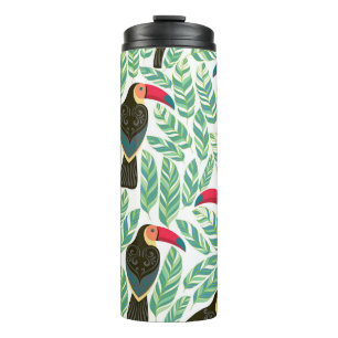Toucans, tropische bladeren, decoratief patroon. thermosbeker