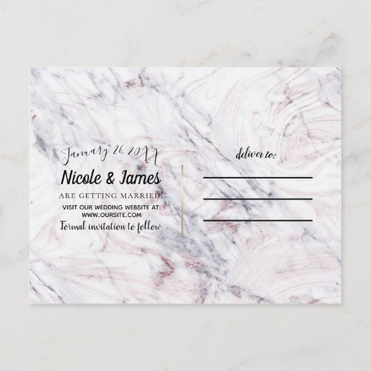 Touch of Roos Wit Grijs Marmer Save the Date Aankondigingskaart (Achterkant)