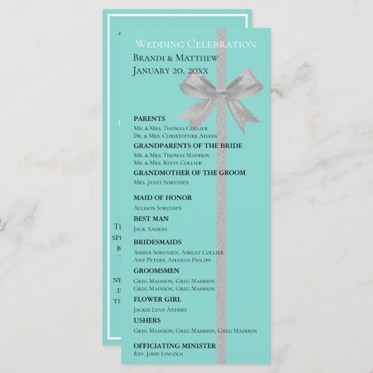 Touch Silver Wedding Suite Bridal Party Ceremonie Programmakaart (Voorkant / Achterkant)