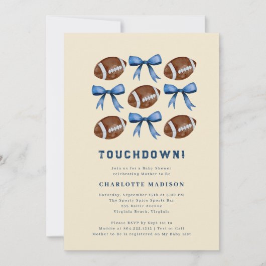 Touchdown Football  and Bows Baby Shower  Kaart (Voorkant)