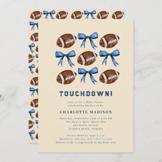 Touchdown Football  and Bows Baby Shower  Kaart (Voorkant / Achterkant)