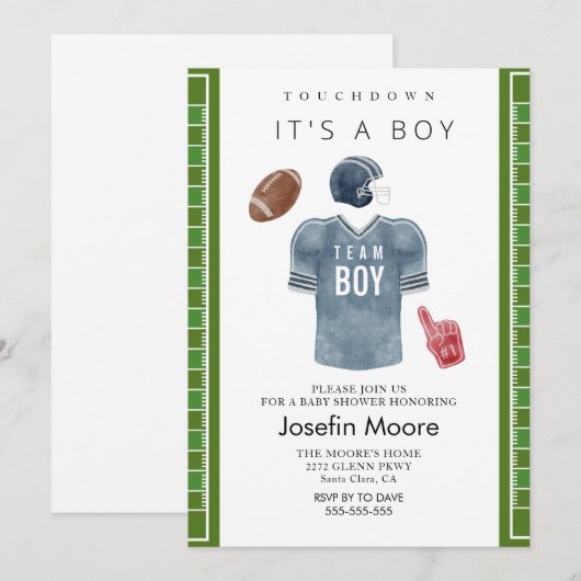 Touchdown football team boy baby shower kaart (Voorkant / Achterkant)