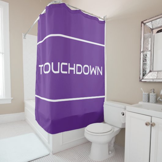 TOUCHDOWN Modern White Text Stripes On Bold Purple Douchegordijn (In situ)