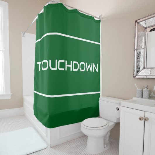 TOUCHDOWN Modern White Text Stripes On Deep Green Douchegordijn (In situ)