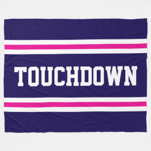 TOUCHDOWN Navy Blau Roze Witte Tekst Racing Strepe Fleece Deken