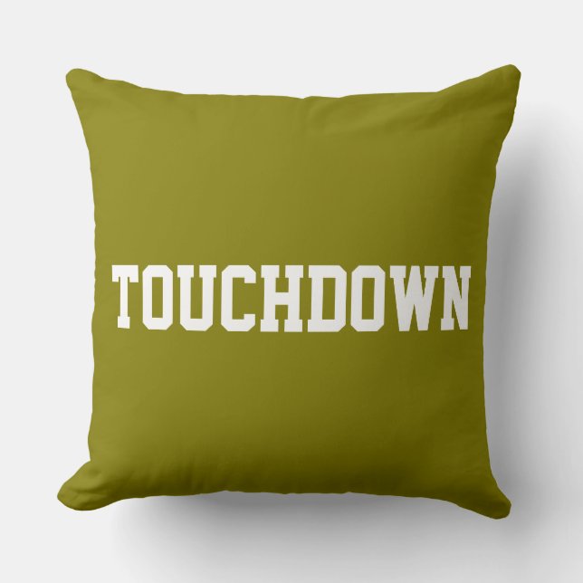 TOUCHDOWN Sporty Witte Voetbaltekst Op Olijfgroen Kussen (Voorkant)