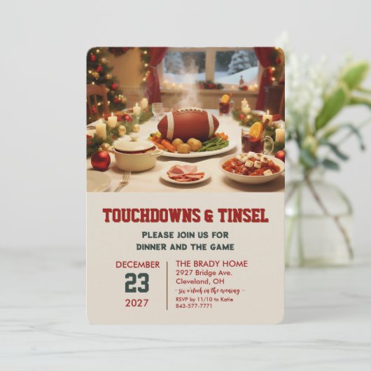 Touchdowns and Tinsel Dinner Invitation Kaart (Staand voorkant)