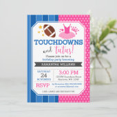 Touchdowns en Tutus Roze Blauw Verjaardagsuitnodig Kaart (Staand voorkant)