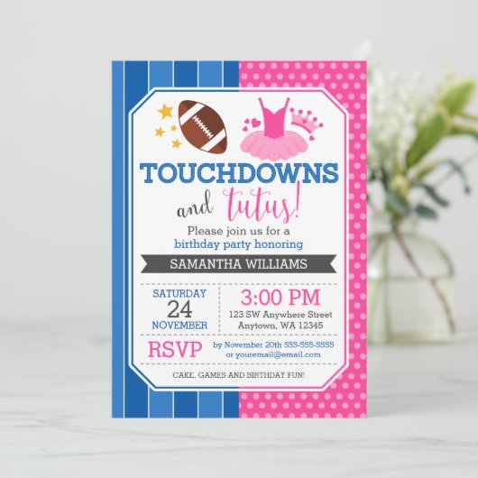 Touchdowns en Tutus Roze Blauw Verjaardagsuitnodig Kaart (Staand voorkant)