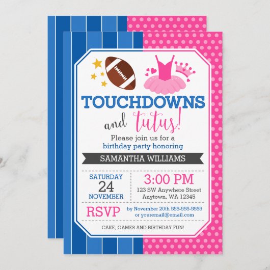 Touchdowns en Tutus Roze Blauw Verjaardagsuitnodig Kaart (Voorkant / Achterkant)
