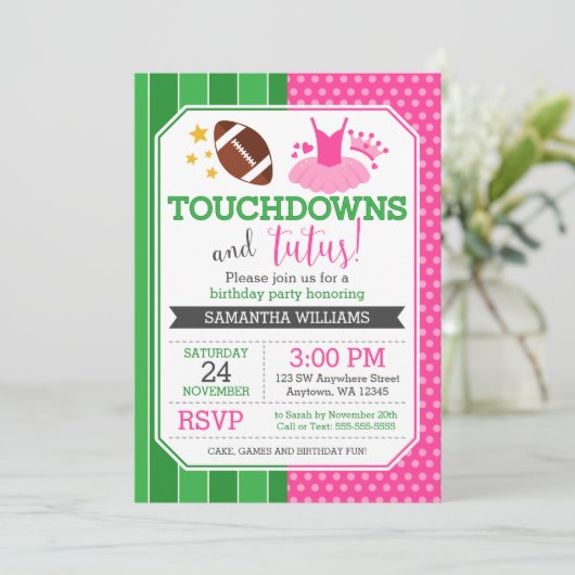 Touchdowns en Tutus Verjaardagsuitnodigingen Kaart (Staand voorkant)