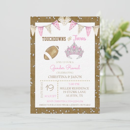 Touchdowns of Tiaras Waterverf Pink Gender Reveal Kaart (Staand voorkant)