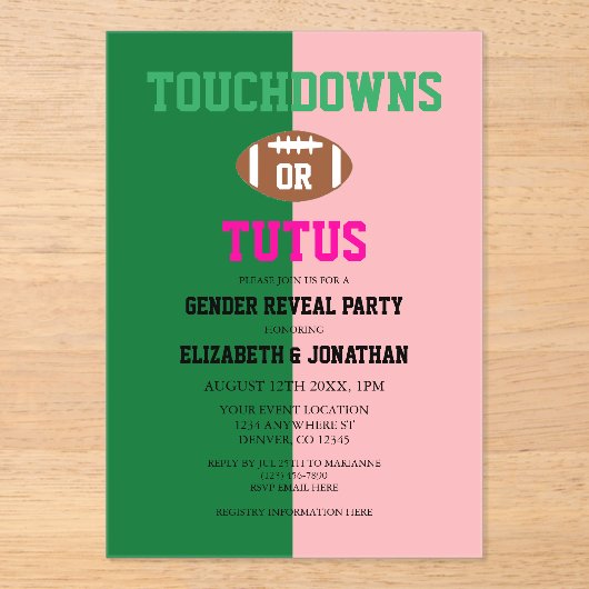 Touchdowns of tutus Gender onthullen Acryl Uitnodigingen (Voorkant)