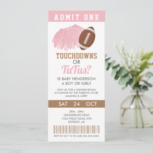 Touchdowns of tutus Gender Reopenbaart Ticket Kaart (Staand voorkant)