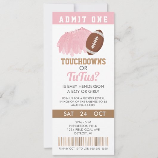 Touchdowns of tutus Gender Reopenbaart Ticket Kaart (Voorkant)