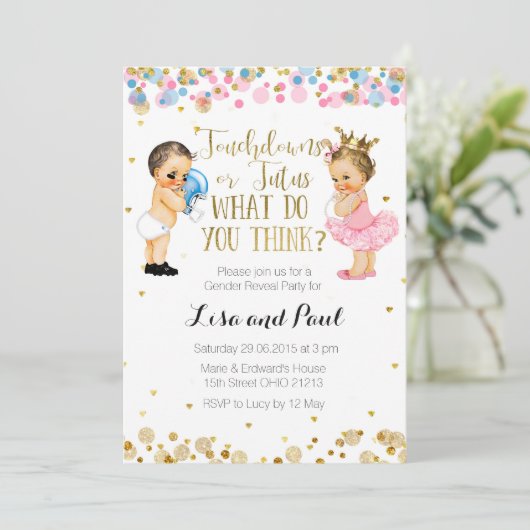 Touchdowns of Tutus Gender Reopenbaart uitnodiging (Staand voorkant)