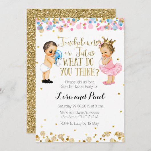 Touchdowns of Tutus Gender Reopenbaart uitnodiging (Voorkant / Achterkant)