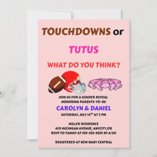 Touchdowns of Tutus geslacht onthulling feest Kaart (Voorkant)