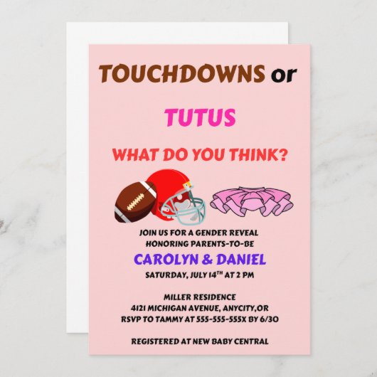 Touchdowns of Tutus geslacht onthulling feest Kaart (Voorkant / Achterkant)