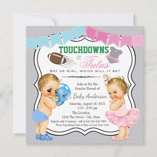 Touchdowns of Tutus Geslacht Openbaring Uitnodigin Kaart (Voorkant)