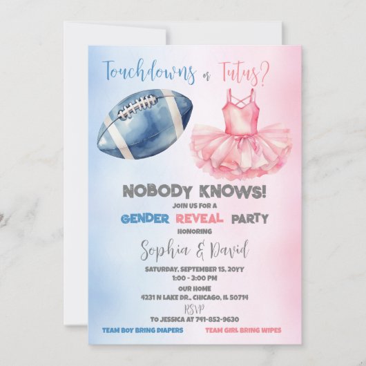 Touchdowns of Tutus Geslacht Reveal Feest Kaart (Voorkant)