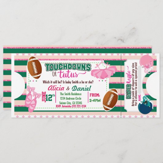 Touchdowns of Tutus uitnodiging - luierloterij (Voorkant / Achterkant)