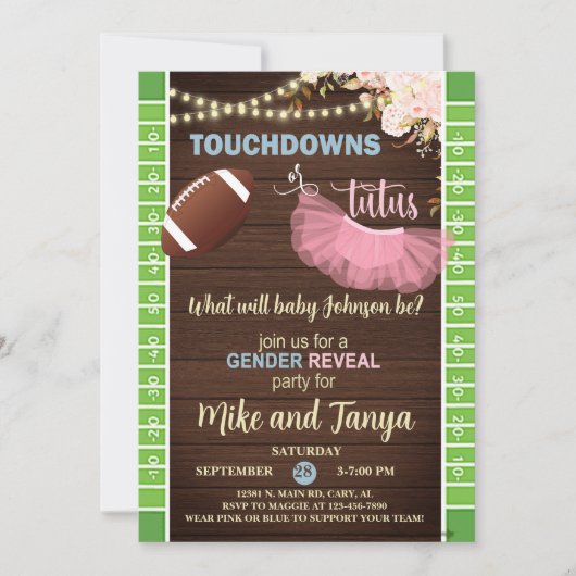 Touchdowns or Tutus gender reveal invitation. Kaart (Voorkant)