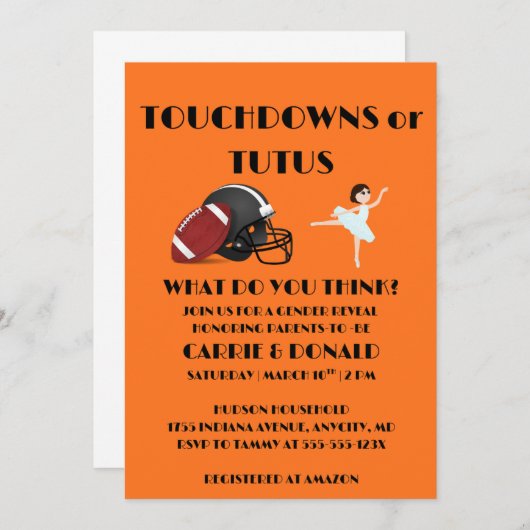Touchdowns or Tutus gender reveal party Kaart (Voorkant / Achterkant)