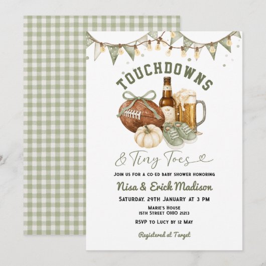 Touchdowns & Tiny Toes Voetbal Baby Shower Kaart (Voorkant / Achterkant)
