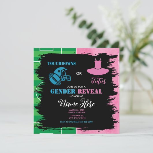 Touchdowns Tutus Roze Blauw Geslacht Onthullen Kaart (Staand voorkant)
