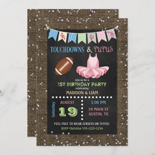 Touchdowns & Tutus Twins Verjaardag of Baby shower Kaart (Voorkant / Achterkant)